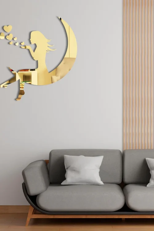 Dreamy Girl on Moon Wall Art – 3D Acrylic Mirror & Wooden Decor