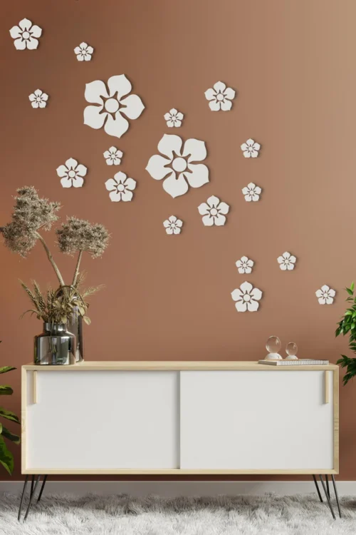 3D Floral Wall Art Set – Modern Ceramic-Style Mirror & Wood Decor