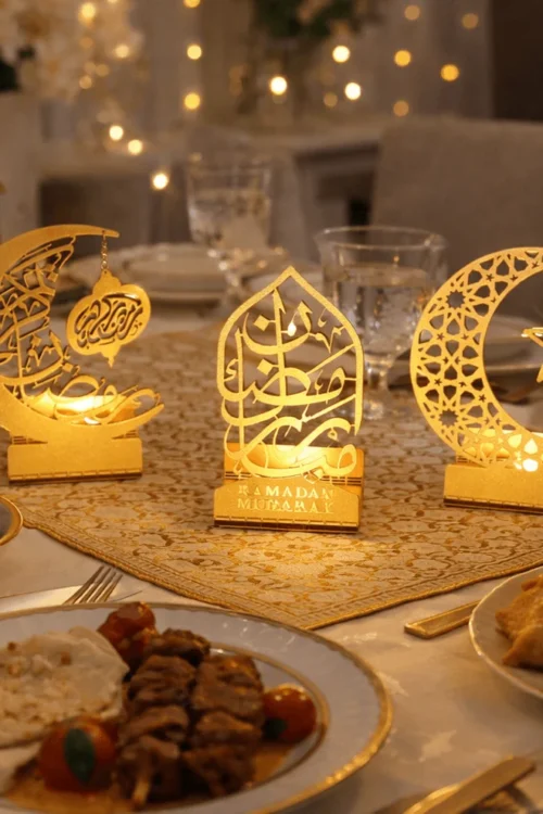 Ramadan Mubarak Golden Metal Centrepiece – Set of 3 Candle & Date Holders