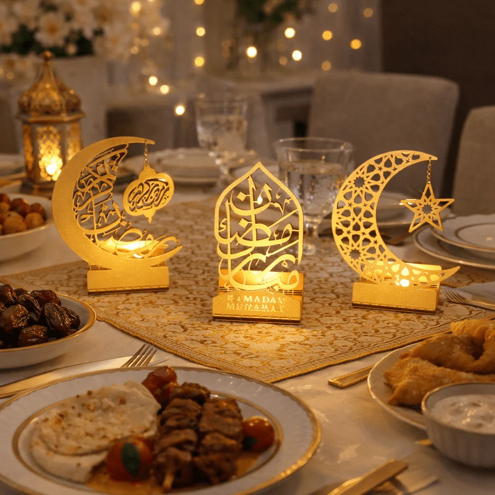 Ramadan Mubarak Golden Metal Centrepiece – Set of 3 Candle & Date Holders