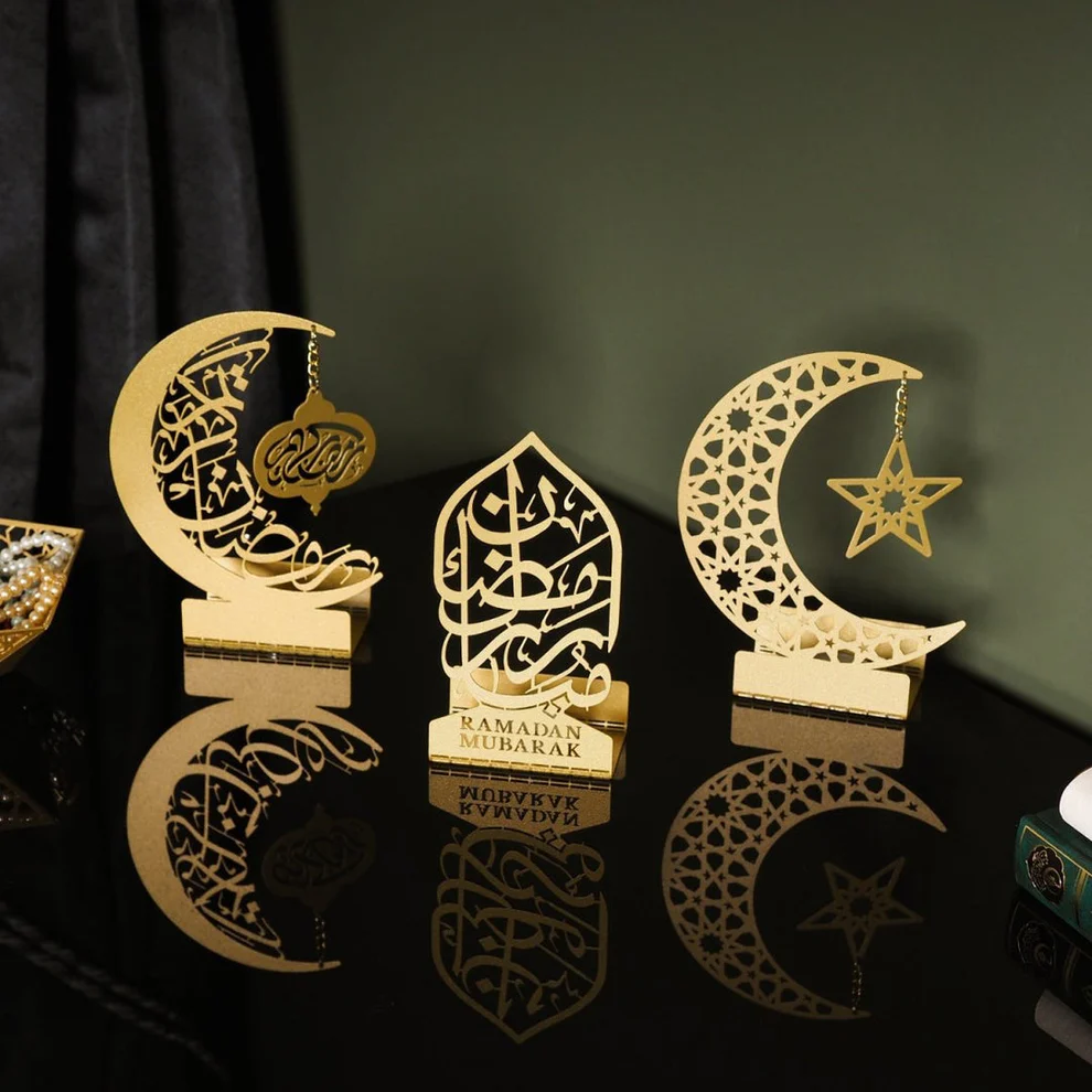 Ramadan Mubarak Golden Metal Centrepiece – Set of 3 Candle & Date Holders - Image 3