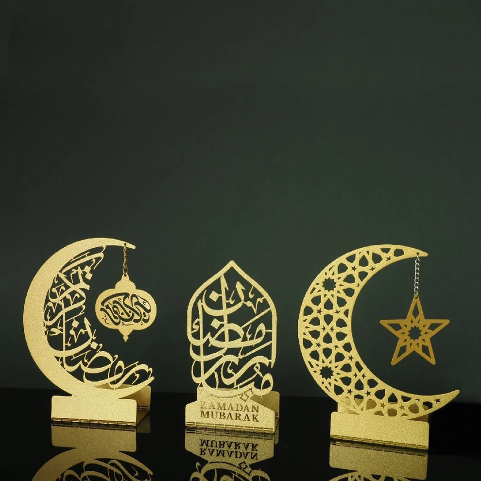 Ramadan Mubarak Golden Metal Centrepiece – Set of 3 Candle & Date Holders - Image 2