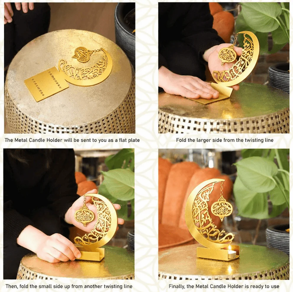 Ramadan Mubarak Golden Metal Centrepiece – Set of 3 Candle & Date Holders - Image 4